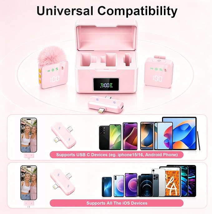 2 Mini Wireless Lavalier Microphones for iPhone & Android, Noise Cancelling, Plug & Play, 60H Battery with Charging Case, Portable Lapel Mic for Content Creators, Podcast, Streaming (Pink) - Image 4