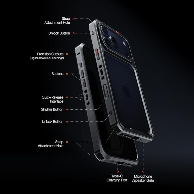 PGYTECH ProShot Phone Case for iPhone 17 Pro, Aluminum Alloy Protective | with 4 Expansion Ports, 3 Strap Holes & Silicone Liner Have 67mm Filter Adapter Ring Backplate, for Heat Dissipation, Black - Image 3