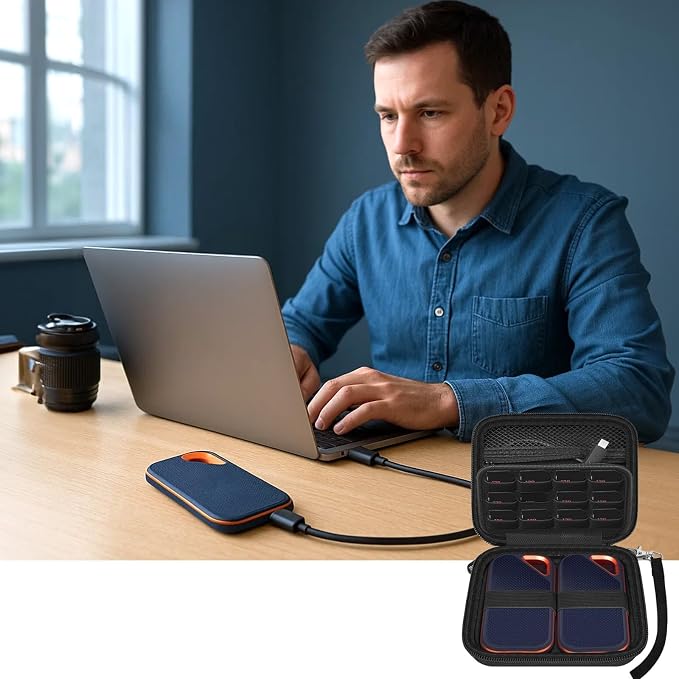 PAIYULE Dual SSD Case for 2 SanDisk Extreme Portable SSDs & Extreme PRO | Elastic Straps Secure Two Drives, Mesh Pocket Organizes Cables, Carabiner Adds Portability, Black, Case Only - Image 5