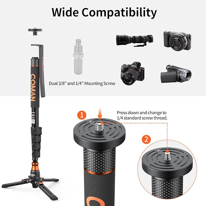 Monopod for Camera, COMAN Camera Monopod with Feet Q6 Fluid Head with Tripod Stand 71.25 inch Max Load 22 Lbs for Photography, Cameras, Canon, Nikon, Sony, DSLR, Video Camcorder - Image 5