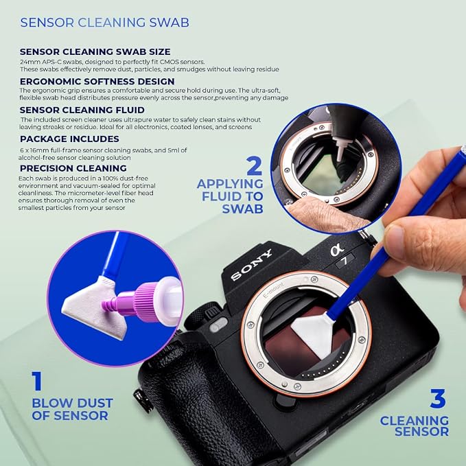 REFLEX CAMERA 24mm 8 Piece Camera Sensor Cleaning Kit 6 Full Frame Double end Swabs, 5ml Cleaner, Micro Fiber Cloth, Residue-Free Cleaning Kit for Sony, Canon, Nikon DSLR and Mirrorless Cameras - Image 3