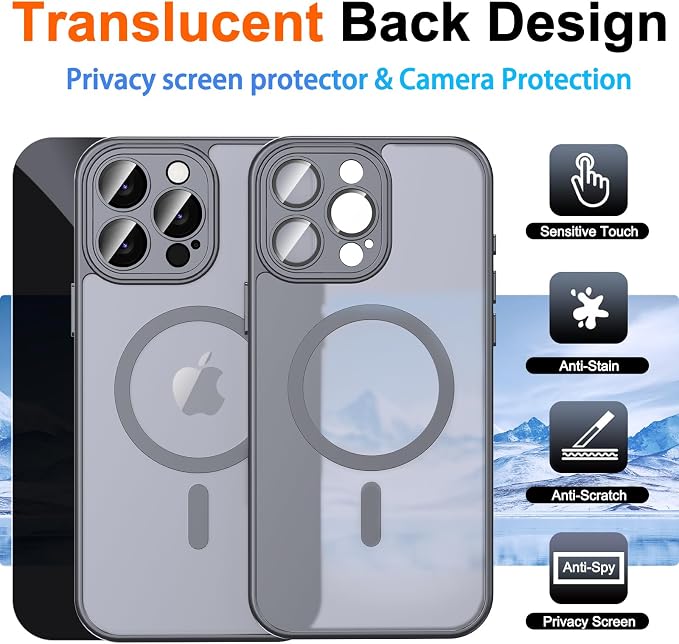 for iPhone 14 Pro Max Case with Privacy Screen Protector, Gray | Full Camera Protection, Translucent Matte Magnetic, Compatible with MagSafe, Shockproof Phone Cover, Slim Fit - Image 2