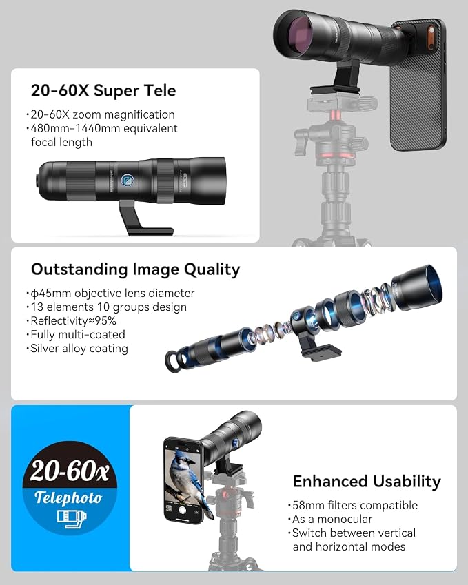 20-60X Zoom Telephoto Lens for iPhone 17 Pro Max, Evil Eye High Power HD Telephoto Phone Lens with Phone Case - Image 6