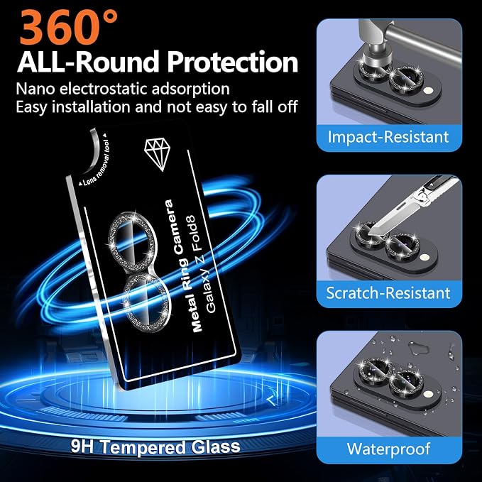 for Samsung Galaxy Z Fold 8 Camera Lens Protector, Individual Metal Ring Tempered Glass Lens Cover, [Strong Adsorption] Scratch Resistant Ultra-Thin HD Clear Lens Cover,1 Set-BlackSparkly - Image 2