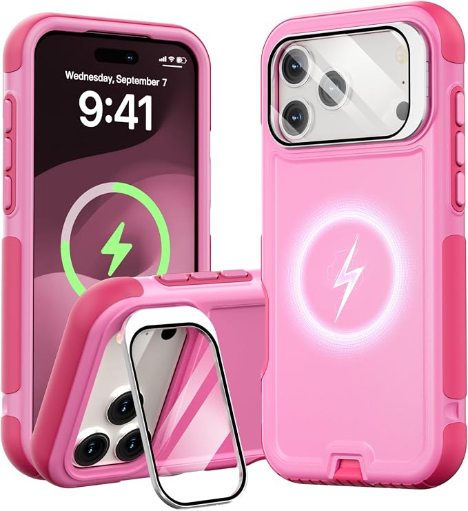 Follaroma Magnetic for iPhone 17 Pro Max Case with Camera Cover Stand, Pink | Built-in Glass Camera Cover Stand,Compatible with MagSafe,Heavy Duty Shockproof Protective,Military-Grade Anti-DropDual Case by Follaroma