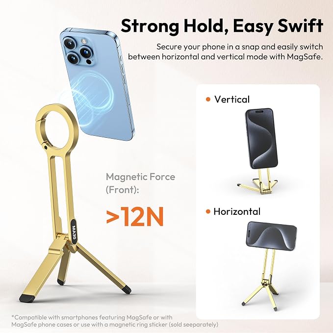 ULANZI MA30 Magnetic Phone Tripod Stand for iPhone - Aluminium Maglock Smartphone Mini Tripod Pocket Cell Phone Stand Strong Magnet Quick Mount Compatible with iPhone 17 16 15 14 13 12 Series, Gold - Image 4