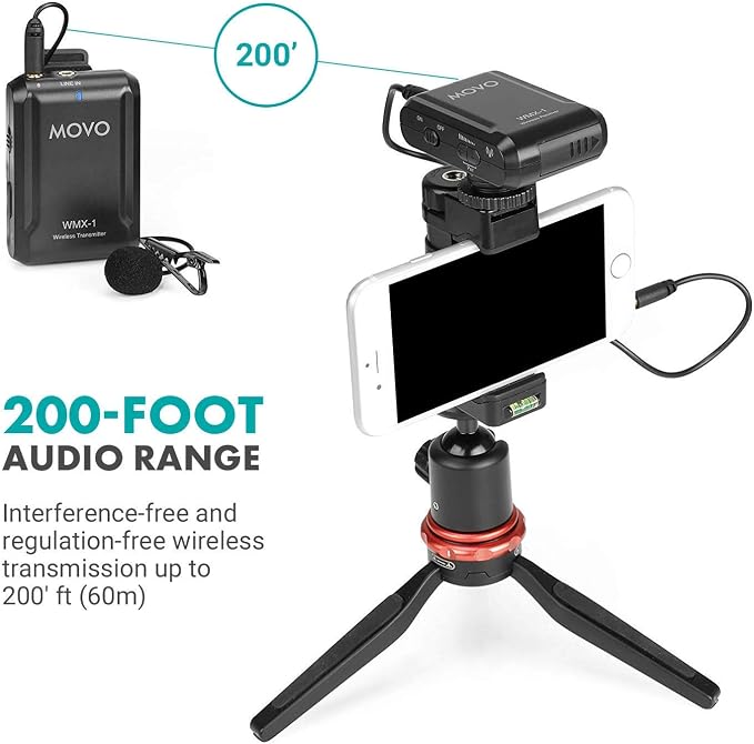 Movo WMX-1 2.4GHz Wireless Lavalier Microphone System Compatible with DSLR Cameras, Camcorders, iPhone, Android Smartphones, and Tablets (200' ft Audio Range) - Image 6