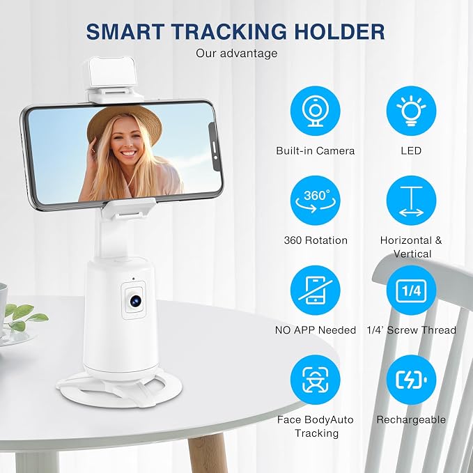 Auto Face Tracking Tripod 360° Rotating Cell Phone Photo and Video Kits Stand, No App, Camera Stand with Remote and Gesture Control, Rechargeable Smart Shooting Stand for Live Recording Tiktok（White） - Image 5