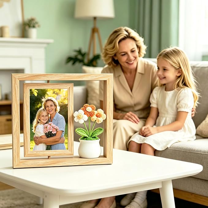 4x6 Rotating Picture Frame & Handmade Crochet Puff Flower, 4x6 Desktop Double-side Floating Photo Frame, Puff Daisy Cute Office Desk Decor for Women/ Appreciation Thank You Gifts for Girls Her - Image 2