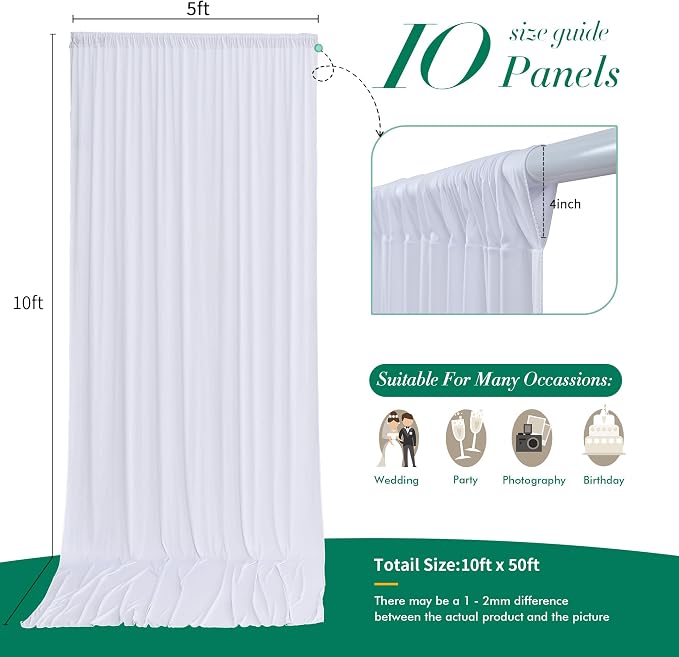 50 ft x 10 ft Wrinkle Free White Backdrop Curtain for Wedding Parties, Polyester Photo Backdrop Drapes for Baby Shower Birthday Party Backdrop Stand, Bulk Thick Background Curtains, 5x10FT 10 Panels - Image 4