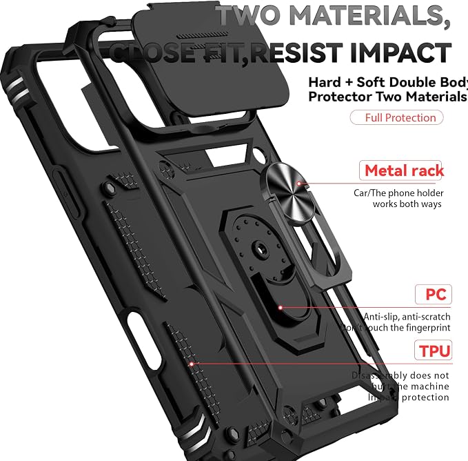 SunStory Phone Case for iPhone 17 Pro Max Case with HD Screen Protector & Slide Camera Cover & Rotated Ring Kickstand, [Military-Grade] Phone Case for iPhone 17 Pro Max, Black - Image 8