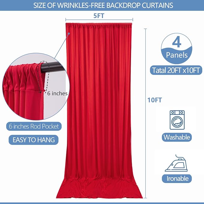 20x10ft Wrinkle Free Red Backdrop Curtain for Parties Soft Fabric Drapes Wedding Red Curtain Backdrop for Birthday Party Decorations Background for Photography 5x10ft, 4 Panels - Image 3