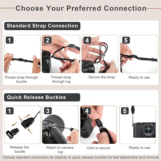 Camera Strap, Adjustable Neck & Shoulder Strap with Quick Release Buckles | Comfortable Cotton-Feel Black Herringbone Strap with 4 Quick Release Buckles, DSLR, Mirrorless Camera & Camcorder Compatible - Image 6