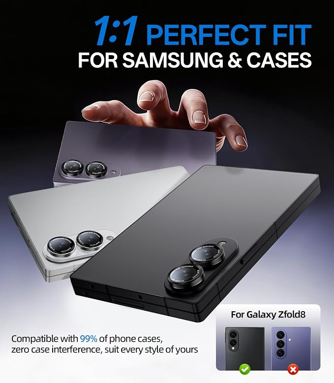 HelloDeere for Samsung Galaxy Z Fold 8 Camera Lens Protector, Military-Grade 9H+ Tempered Glass with AR Optical Tech HD Anti-Glare Anti-Scratch Metal Individual Ring Easy Install Case Friendly, Black - Image 6