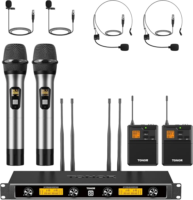 TONOR Wireless Microphones System with Metal 2 Cordless Mic and 2 Headset/Lapel/Lavalier Mic, Bodypack Transmitter, Receiver for Karaoke Church Singing Party PA Speaker, 4*10 Channels 90 m/295ft Range by TONOR