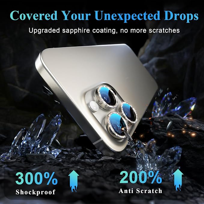 YWXTW Designed for iPhone 16 Pro/iPhone 16 Pro Max Camera Lens Protector Bling, [New Glitter Design] Individual Metal Tempered Glass Camera Cover Accessories Case Friendly (Natural Titanium) - Image 3