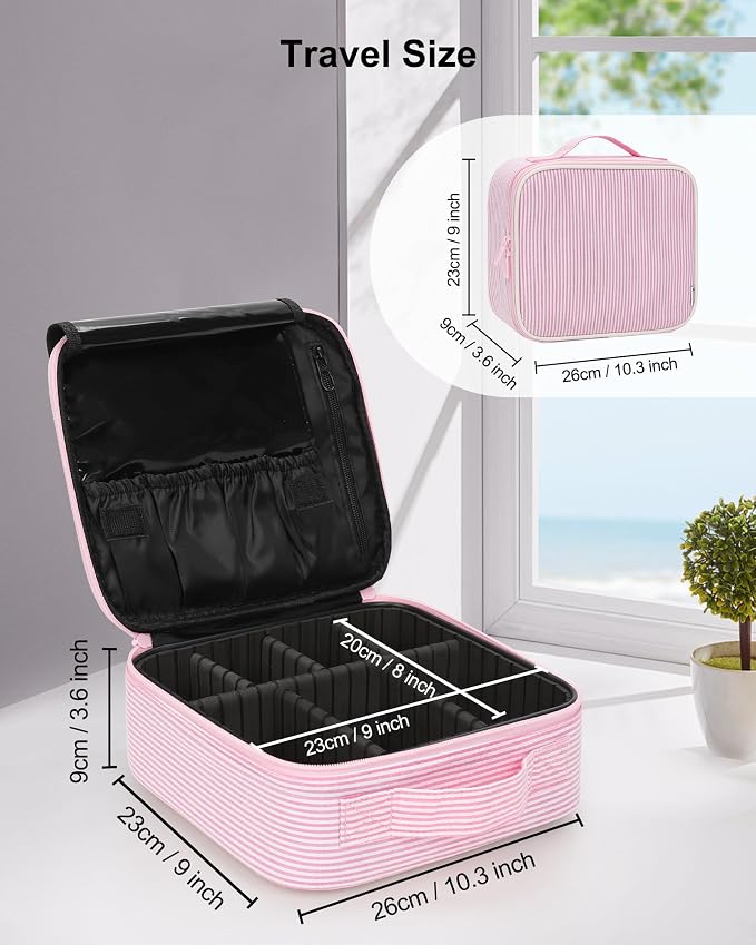 Relavel Travel Makeup Train Case, Portable Cosmetic Case Makeup Organizer, Professional Artist Storage Bag with Adjustable Dividers for Cosmetics Brushes, Birthday Gifts for Girls, Pink Stripe - Image 5