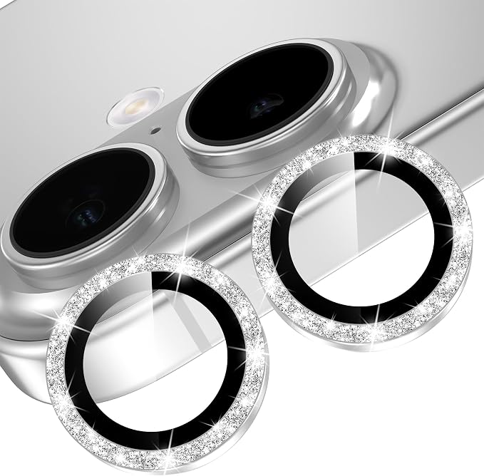 YWXTW Camera Lens Protector for iPhone 17, Individual Bling Glitter Metal Ring Tempered Glass Camera Screen Protector for iPhone 17 Accessories, Case Friendly (Glitter Silver) by YWXTW