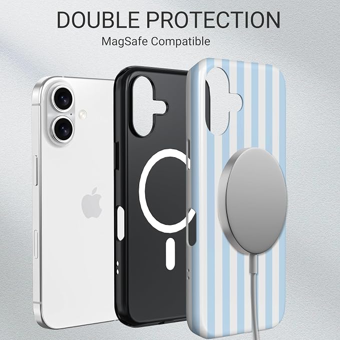 TPU Phone Case for iPhone 16, MagSafe Wireless Charging Compatible, Shockproof Slim Fit Protective Cover with Anti-Yellowing & Raised Camera Protection (Blue Stripe, iPhone 16) - Image 6