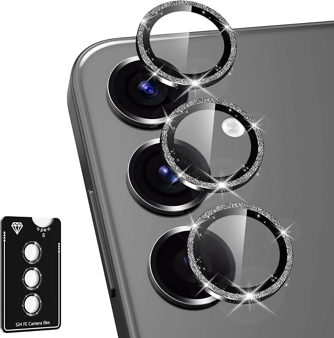 for Samsung Galaxy S24 FE Camera Lens Protector, Individual Metal Ring Tempered Glass Lens Cover, [Strong Adsorption] Scratch Resistant Ultra-Thin HD Clear Lens Cover, 1 Set-Black Sparkly by Btscase