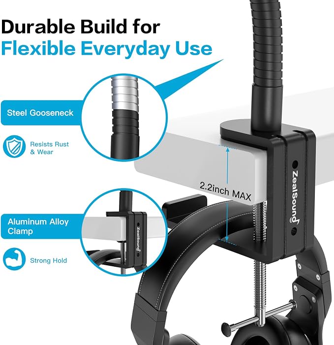 ZealSound Microphone Stand Gooseneck 13”, Flexible Clamp-On Desktop Mic Stand with 360° Adjustable Arm, 3/8" to 5/8" Adapter, Heavy-Duty Desk Mount, for Podcasting, Streaming, Podium & Public Speaking - Image 2