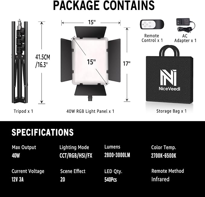 NiceVeedi 40W RGB Photography Lighting with 20 Effects, 360° Full Color/2700-6500K Studio Lights with Remote & Display, Lighting for Video Recording/Photography/Streaming/YouTube/TikTok/Content Creat - Image 8