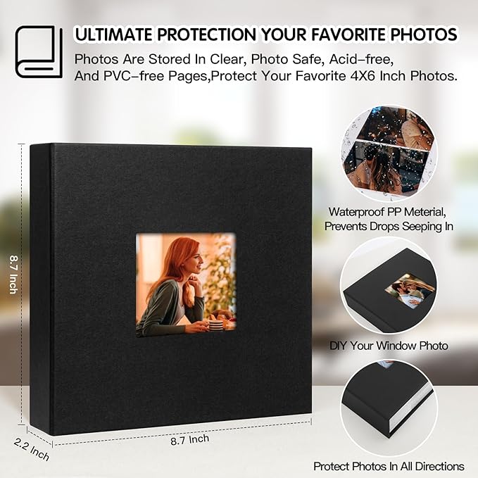 4x6 Photo Album Holds 240 Photos Writing Space, PU Leather, Black | Clear Acid-Free Sleeves, Memo Writing Areas, Front Display Window, Baby, Wedding, Travel & Family Picture Keepsakes - Image 3