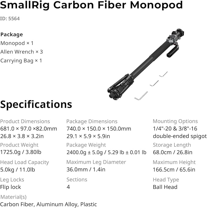 SmallRig 166.5cm / 65.6" Carbon Fiber Monopod for Camera, Compact Camera Monopod with One-Touch Height Adjustment, Max. 5kg Playload Ball Head, Storage Size of 68cm / 26.8", Weighs 1.72kg / 3.8lb - Image 9