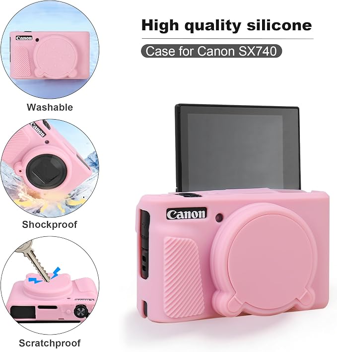 BOVKE Hard Case + Silicone Cover for Canon PowerShot SX740 HS Camera, Pink | SX740 SX730 Digital Camera Shockproof EVA Storage Bag & Soft Silicone Protective Case with Removable Lens Cover, Wrist Strap - Image 4