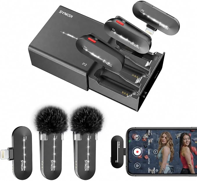 SYNCO P2SL Wireless Lavalier Microphone for iPhone, Dual Lapel Mic with Noise Reduction, 9 Voice Effects, Charging Case, Plug & Play Mini Microphone for YouTube, Vlog & Live Streaming by SYNCO