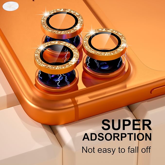 Misea Compatible for iPhone 17 Pro/iPhone 17 Pro Max Camera Lens Protector | 9H Tempered Glass Ultra HD Bling Camera Screen Protector Cover Metal Individual Ring Decoration Accessories, Orange Glitter - Image 6