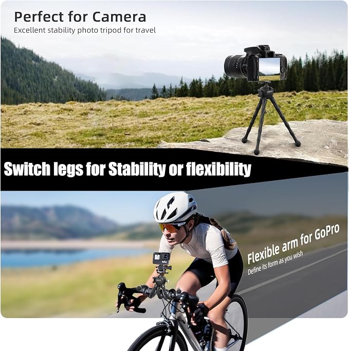 Flexible Action Camera Tripod for Gopro, Octopus Vlogging Tripod with Detachable Legs, 360° Ball Head, Cold Shoe & Remote, Portable Camera Stand Mount for GoPro, DJI, Compact Camera - Black - Image 3