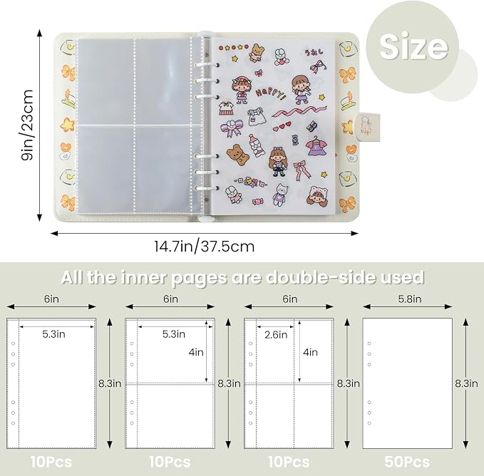 Reusable Sticker Book Collecting,A5 Binder Album Storage Organizer with Blank Release Paper and Pocket for Adult Kids,Cartoon Leather Binder Cover & Magnetic Buckle Closure(Beige) - Image 3