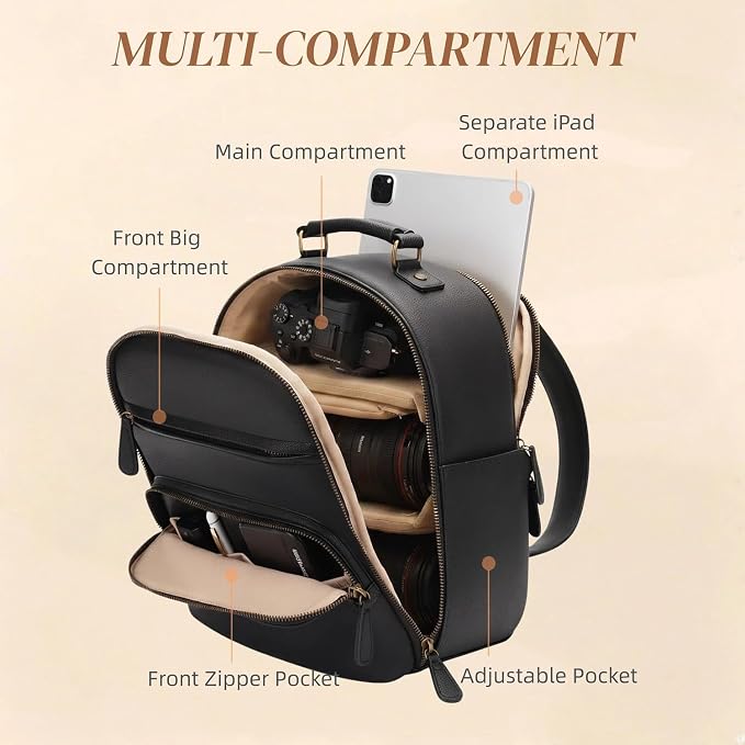 Small Camera Backpack Classic PU Leather for DSLR, Professional Camera Bag for Photographers with 11 Inch Pad/Tablet Compartment Small 10L Black - Image 7