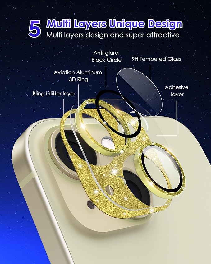 Compatible for iPhone 15/ iPhone 15 Plus/iPhone 14/ iPhone 14 Plus Camera Lens Protector GL-Plus Aluminium Alloy Ring 9H Tempered Glass Screen Camera Cover GL-Gold - Image 3