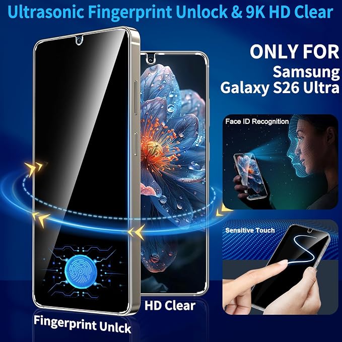 3 Pack Privacy Screen Protector for Samsung Galaxy S26 Ultra Tempered Glass + 2 Pack Camera Lens Protector, True 25°Anti Spy, Military Grade Shatterproof, 9H+ Hardness, Auto Alignment Frame 6.9" - Image 8
