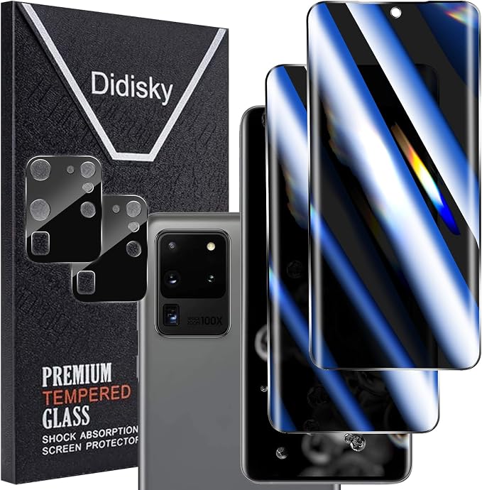 Didisky For Samsung Galaxy S20 Ultra Privacy Screen Protector 2 Pack Tempered Glass and 2 Pack Camera Lens Protector, 3D Curved Full Coverage, Easy to Install,Anti-Spy, Anti Scratch,9H by Didisky