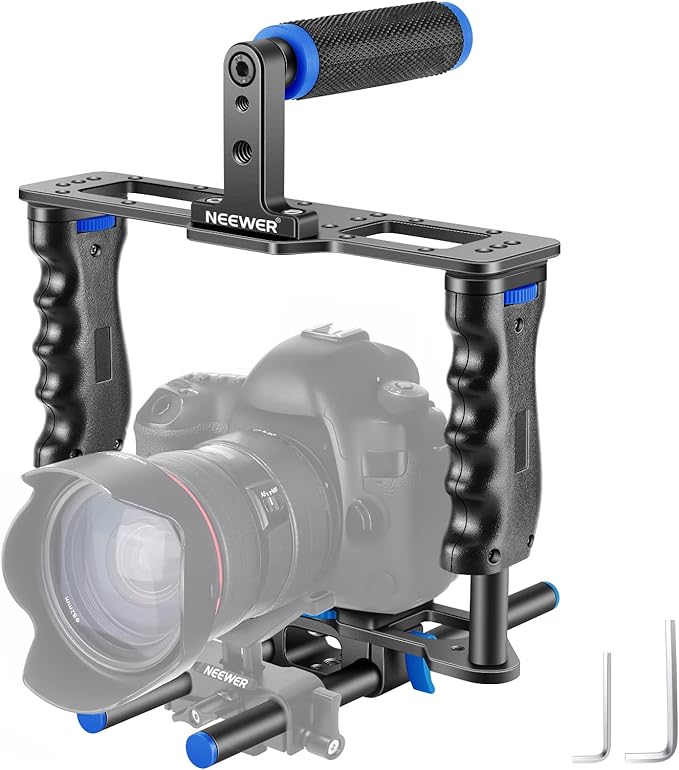 NEEWER Camera Video Cage Film Movie Making Kit, Aluminum Alloy with Top Handle, Dual Hand Grip, Two 15mm Rods, Compatible with Canon Sony Fujifilm Nikon DSLR Camera and Camcorder (Black + Blue) by Neewer