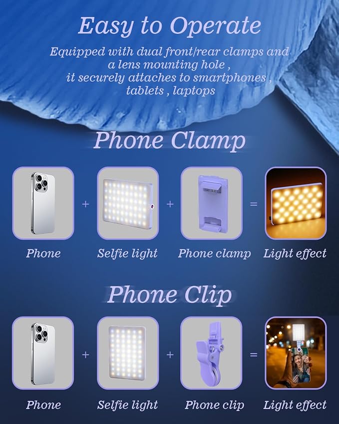 60 LED Portable Selfie Light Video Conference Lighting with Clip & Camera Tripod Adapter Rechargeable 2000mAh CRI 97+, 3 Light Modes for Phone iPhone Webcam Laptop Photo Makeup (Dreamy Blue) - Image 8