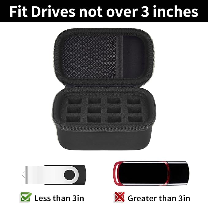 Comecase 12-Slot USB Flash Drive Case with Carabiner and SD Card Pocket | Hard Shell and Removable Foam Cushion Drives Against Drops for Work, School and Travel, Jet Black, Small, Case Only - Image 2