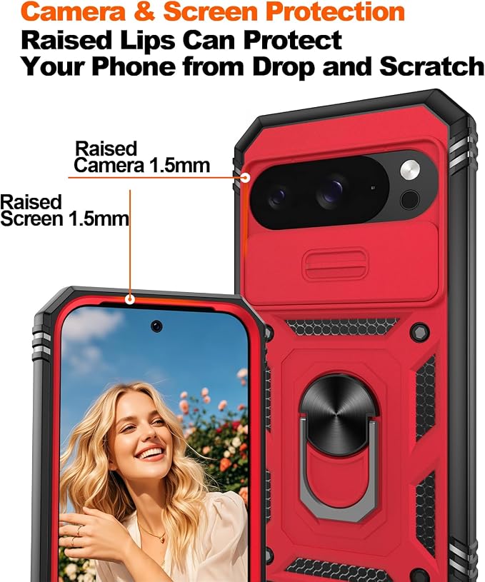 Gritup for Pixel 10 Case: Pixel 10 Pro Case with 2*Screen Protector, Magnetic Stand & Slide Camera Cover, Shock Proof Military-Grade para Google Pixel 10/10 Pro Cover, Red+Black - Image 5