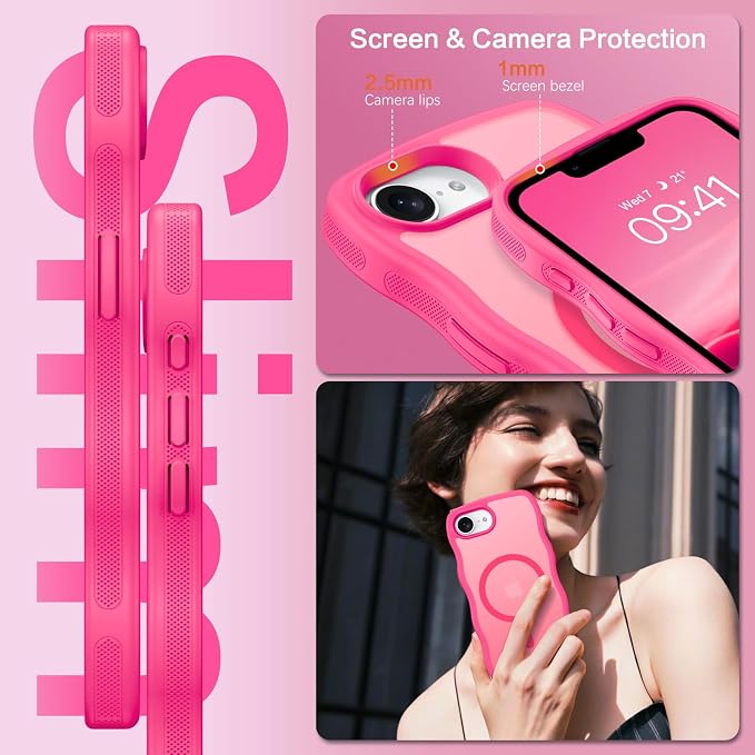 BENTOBEN Magnetic for iPhone 17e Case,Cute Wavy Frame [Compatible with MagSafe] Translucent Matte Anti-Slip Bumper Women Girls Boys Men Shockproof Drop Protective Phone Cover for iPhone 17e,Hot Pink - Image 2