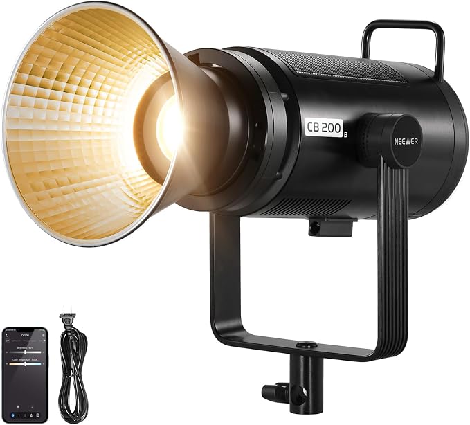 NEEWER CB200B 210W LED Video Light with 2.4G/APP Remote Control, All Metal Bi Color COB Continuous Output Lighting with Bowens Mount 90000Lux/1m 2700K-6500K CRI/TLCI97+ 12 Effects for Video Recording by Neewer