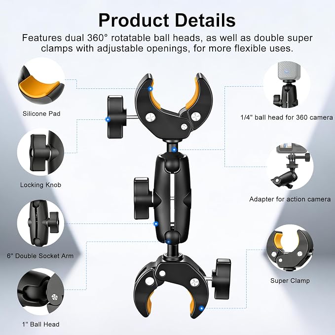 Double Super Clamp Mount with 360° Magic Arm Dual 1" Ball Mount Adapter, Multi-Functional Crab Clip, Umbrella Holder Camera Pole Bracket for Tripod Rod Monitor Magic Light Stand Motorcycle Accessories - Image 2