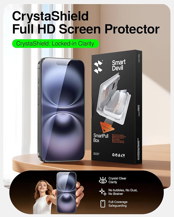 SMARTDEVIL 2 Pack Tempered Glass for iPhone 16 Plus/15Plus Screen Protector | Military-Grade Shatterproof Protection, Crystal Clear, 9H Hardness, Fast & Easy Installation, Scratch Proof, Case Friendly - Image 2