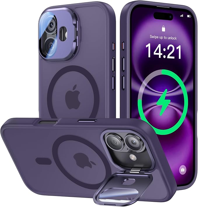 VOFATA [Upgraded] for iPhone 16 Case with Camera Cover Stand [Fit for MagSafe][9H Camera Lens Protector] Mil-Grade Protection Translucent Matte Silicone Magnetic iPhone 16 Phone Case, Purple by VOFATA