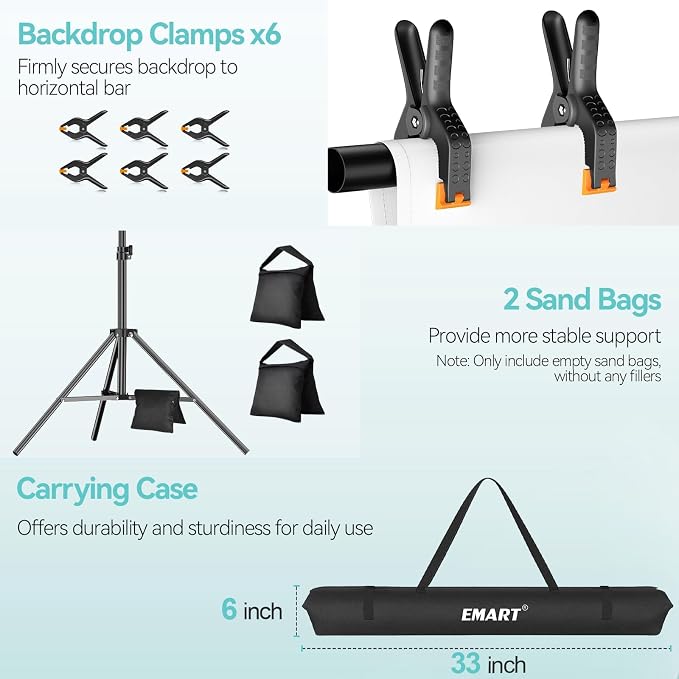 EMART 8.5x10 FT Photo Backdrop Stand Kit with 10x12FT White Backdrop | Background Stand Backdrop-White, 6Clamps, 2Sandbags for Photography Studio, Video Recording, Live Stream, Zoom, Portrait, Pet - Image 5