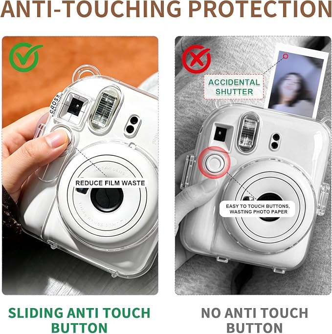 Clear Camera Case for Fujifilm Instax Mini 12, Grey Camera Strap | Protective Cover with Anti-Accidental Shutter, 4 Composition Cards, Photo Storage Holds 10 Films, Clear Hard Shell, No Camera - Image 2
