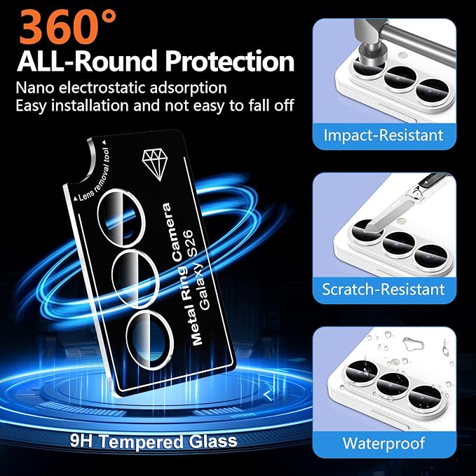 for Samsung Galaxy S26 Camera Lens Protector, Individual Metal Ring Tempered Glass Lens Cover, [Strong Adsorption] Scratch Resistant Ultra-Thin HD Clear Lens Cover, 1 Set-White Shine - Image 4