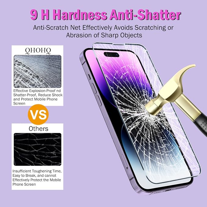 QHOHQ 3 Pack Screen Protector for iPhone 14 Pro Max 6.7 Inch with 3 Pack Tempered Glass Camera Lens Protector, Ultra HD, 9H Hardness, Scratch Resistant, Case Friendly - Image 6